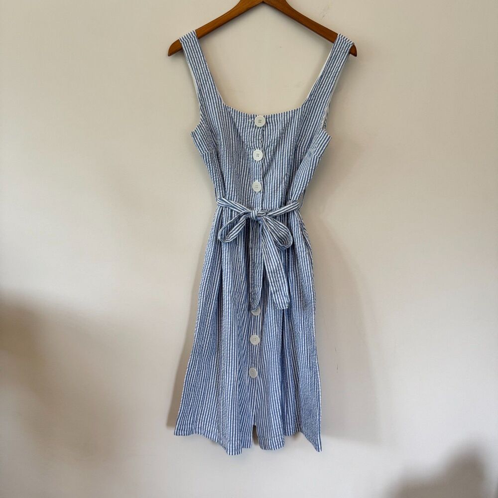 MANGO Blue & White Striped Cotton Button-Front Sundress with Pockets Size Small
